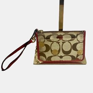 COACH Signature C Skinny ID Red Wristlet With Patent Leather Trim